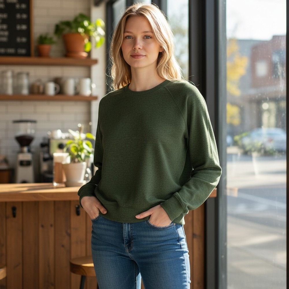 Workshop Republic Clothing Womens Small Olive Green Raglan Sleeve Sweatshirt NWT